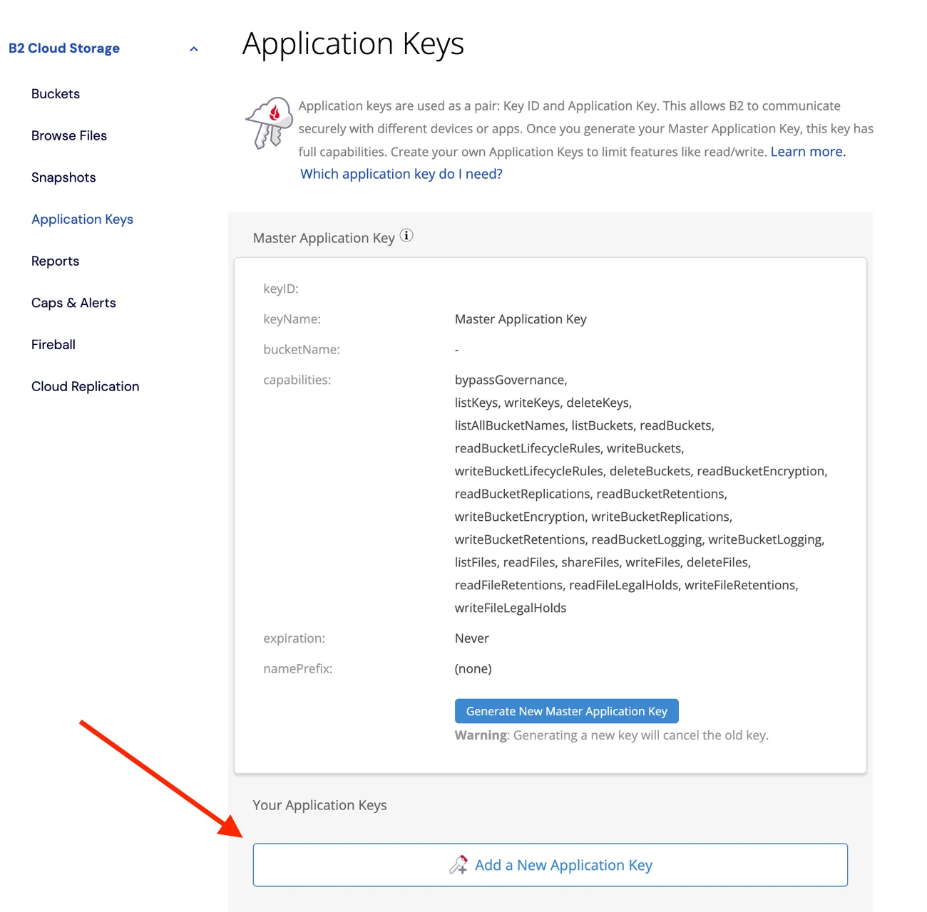 The Backblaze B2 Application Keys page with an arrow pointing at the Add a New Application Key button