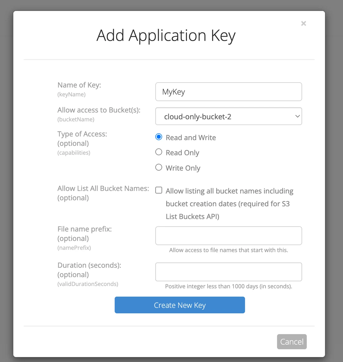 The Add Application Key dialog in Backblaze B2 showing the key name, bucket selection, and Read and Write access option
