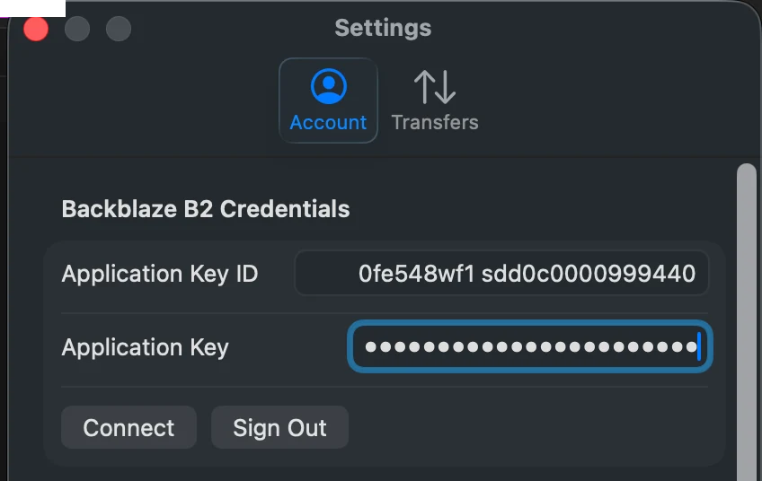 The Account tab in File Transfer for Backblaze B2 with the Application Key ID and Application Key fields and a Connect button