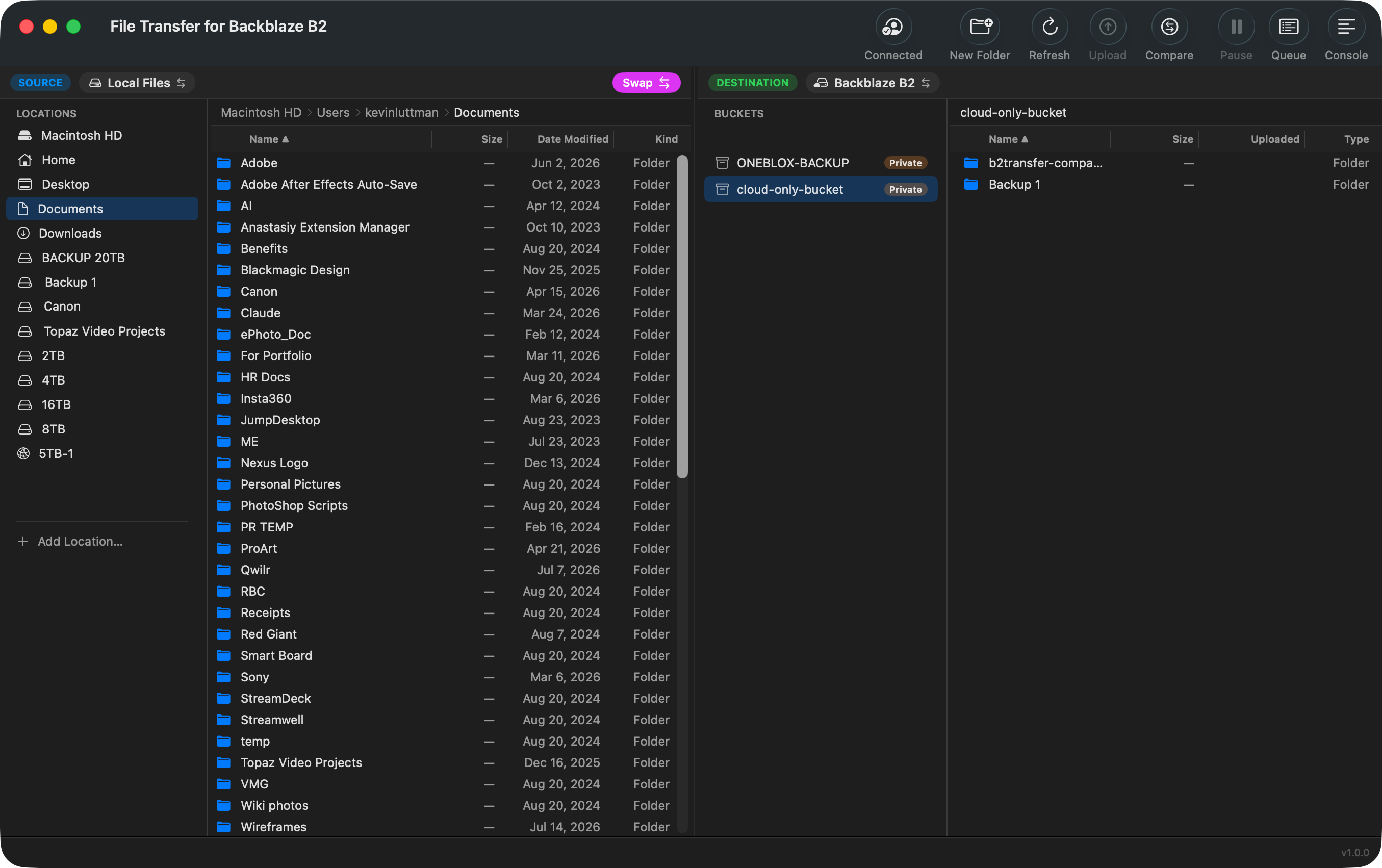 File Transfer for Backblaze B2 macOS app showing a two-pane browser with local files on one side, a Backblaze B2 bucket on the other, and a transfer queue
