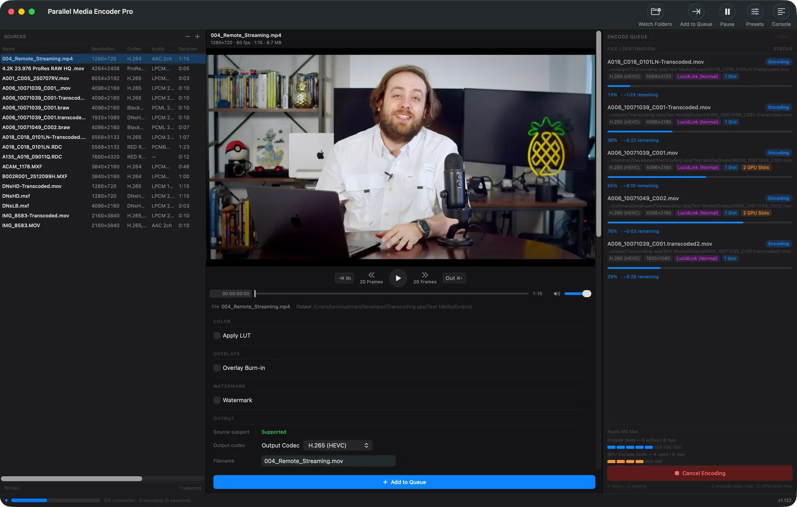 Parallel Media Encoder app interface showing multiple files encoding simultaneously on Apple Silicon — ProRes, H.265, and DNx outputs in a parallel queue