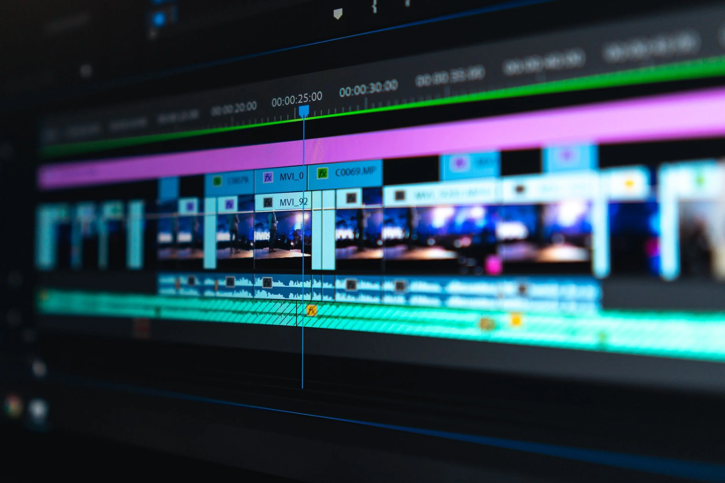 Close-up of a video editing timeline in a professional NLE for remote edit review